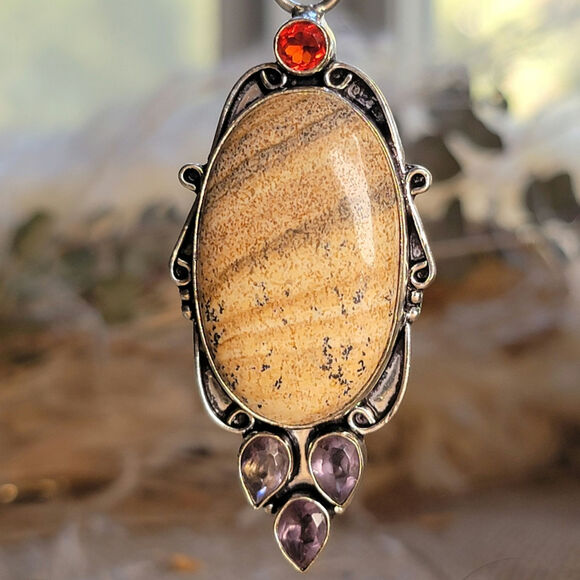 Picture Jasper Pendant, Sterling Silver Necklace With Amethyst & Garnet - Picture 1 of 14